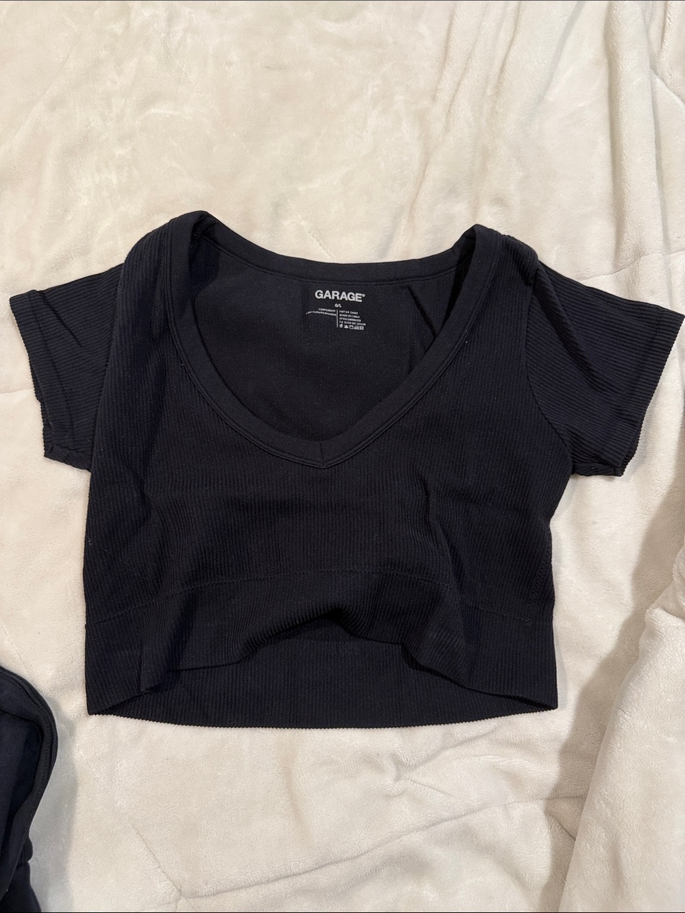 Garage Black Ribbed V-Neck Cropped Tee